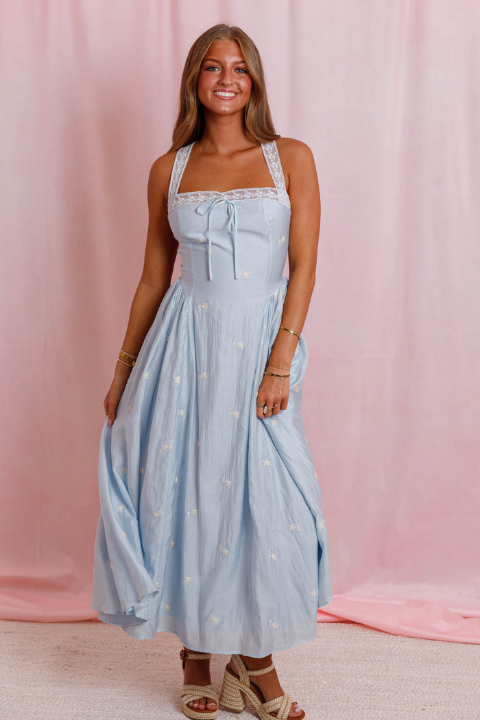 Powder Blue Floral Midi Dress- Women's Embroidered Lace Dress- Wedding Guest Dresses for Women