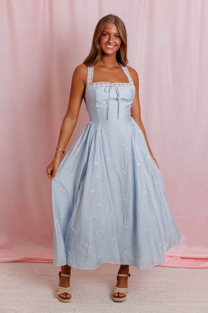 Powder Blue Floral Midi Dress- Women's Embroidered Lace Dress- Wedding Guest Dresses for Women