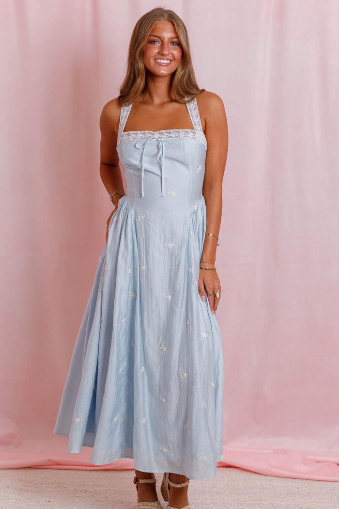 Powder Blue Floral Midi Dress- Women's Embroidered Lace Dress- Wedding Guest Dresses for Women