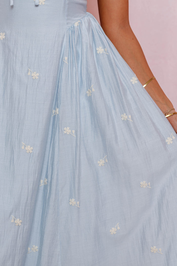 Powder Blue Floral Midi Dress- Women's Embroidered Lace Dress- Wedding Guest Dresses for Women
