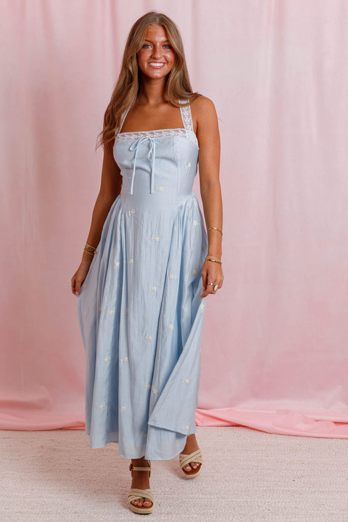Powder Blue Floral Midi Dress- Women's Embroidered Lace Dress- Wedding Guest Dresses for Women