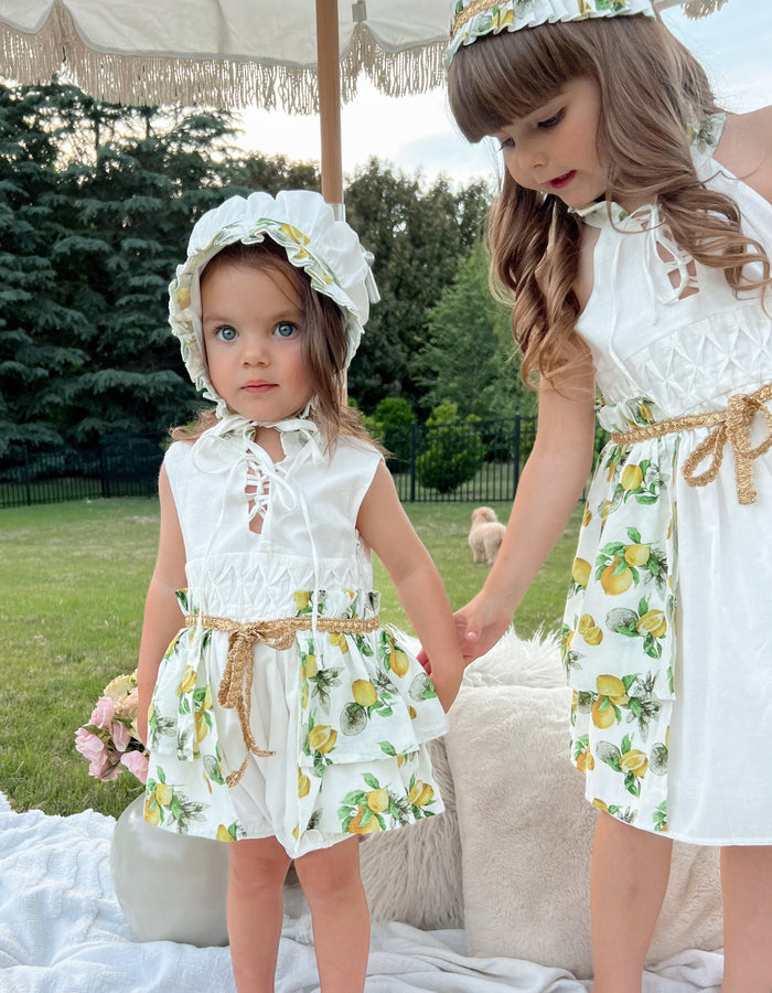Amalfi Lemon Print Linen Bonnet - Petite Maison Kids