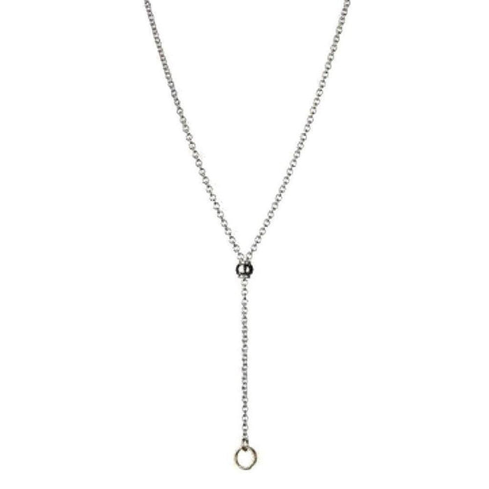 Anthology Chain: Elegant silver chain necklace with a dark bead and gold ring detail.