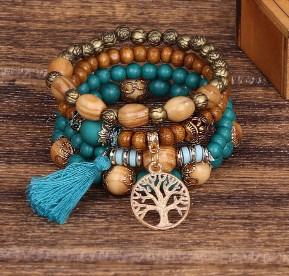 B871 - 4pcs/set Tree & Tassel Charm Beaded Bracelet