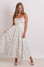 Floral Bow Ruched Midi Dress- Women's Pink Bow Midi Dress- Mable Dresses
