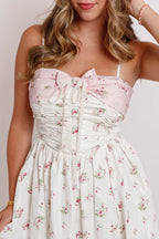 Floral Bow Ruched Midi Dress- Women's Pink Bow Midi Dress- Mable Dresses