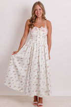 Floral Bow Ruched Midi Dress- Women's Pink Bow Midi Dress- Mable Dresses