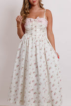 Floral Bow Ruched Midi Dress- Women's Pink Bow Midi Dress- Mable Dresses