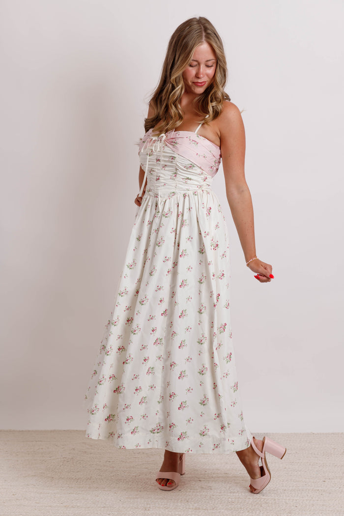 Floral Bow Ruched Midi Dress- Women's Pink Bow Midi Dress- Mable Dresses