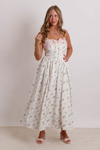 Floral Bow Ruched Midi Dress- Women's Pink Bow Midi Dress- Mable Dresses