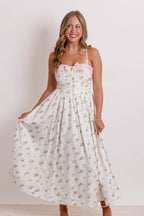 Floral Bow Ruched Midi Dress- Women's Pink Bow Midi Dress- Mable Dresses