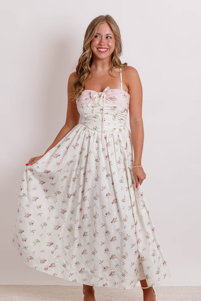 Floral Bow Ruched Midi Dress- Women's Pink Bow Midi Dress- Mable Dresses