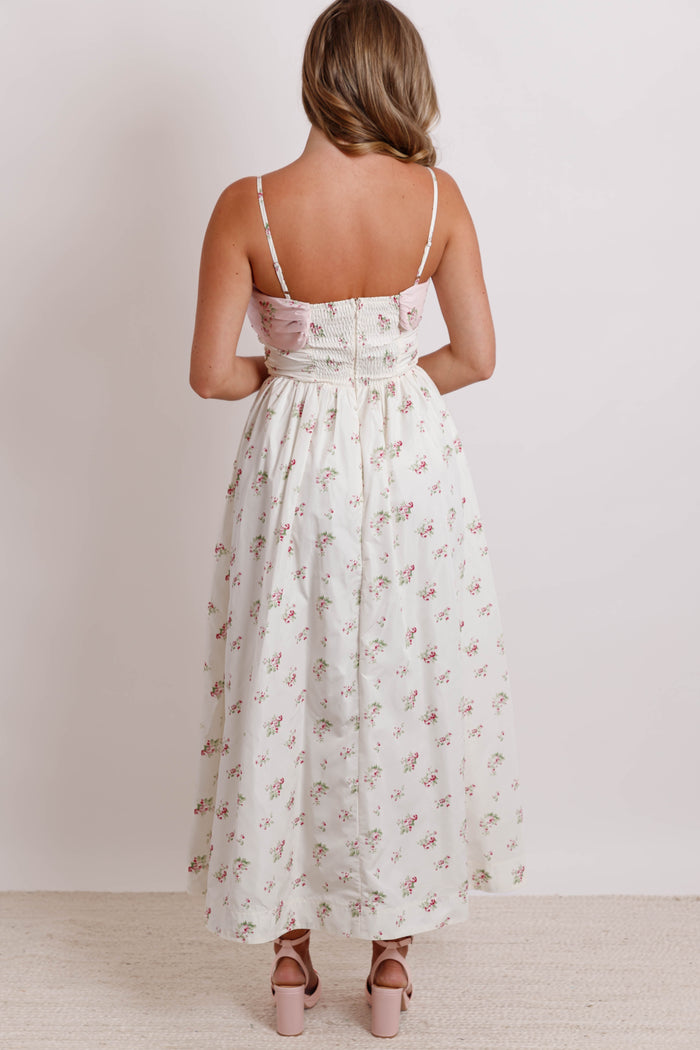 Floral Bow Ruched Midi Dress- Women's Pink Bow Midi Dress- Mable Dresses