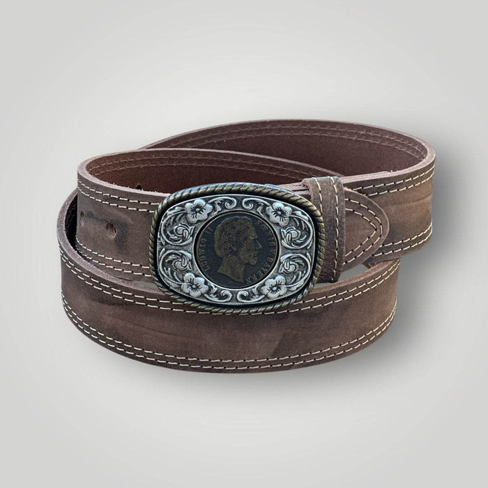 Buffalo Hide Leather Belt with King Ludwig II Coin Buckle, German Craftsmanship