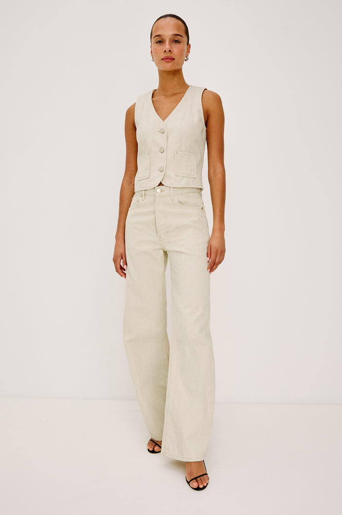 Belmont Arc Leg Jean in Rigid Denim With High-Waisted Fit, Button Fly, and 32" Inseam in Ecru Railroad Stripe Colorway - Full Body Front View Featured on Model