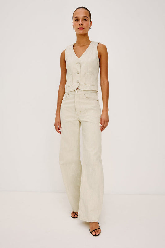 Belmont Arc Leg Jean in Rigid Denim With High-Waisted Fit, Button Fly, and 32" Inseam in Ecru Railroad Stripe Colorway - Full Body Front View Featured on Model