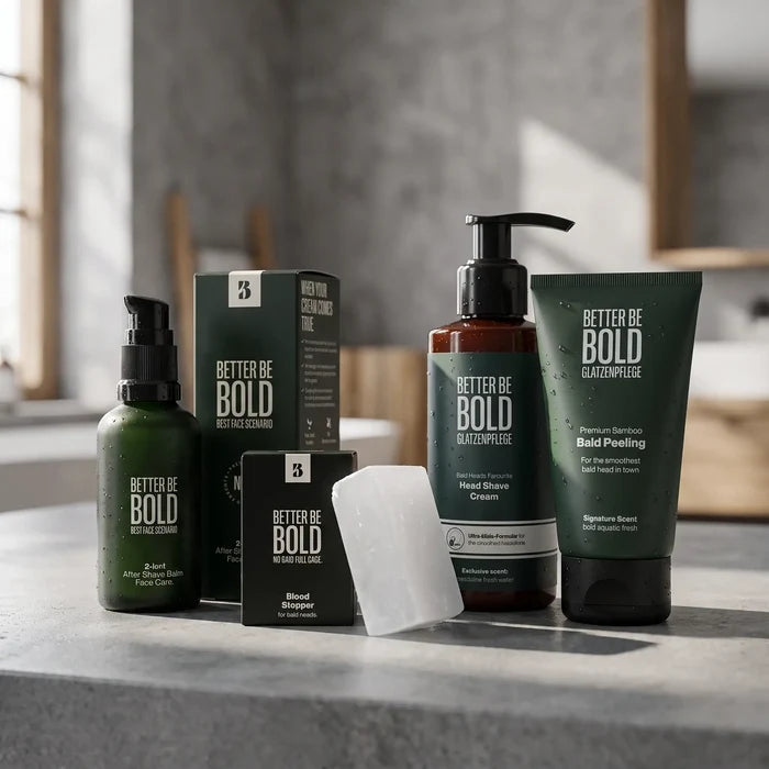 Better Be Bold startpakke for hudpleie av barbert skalle med krem og balsam