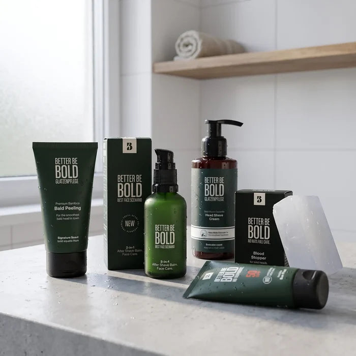 Better Be Bold barberingspakke for skalle med peeling, after shave balm og blodstopper