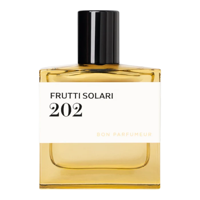 Bon Parfumeur 202 Frutti Solari eau de parfum i kvadratisk glassflaske med gyllen gul væske og svart lokk