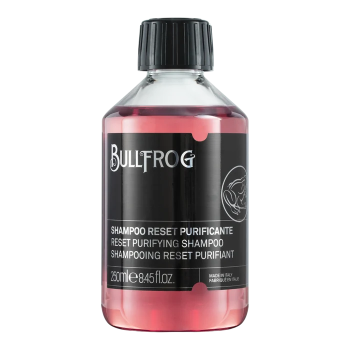 Bullfrog Reset Purifying sjampo i 250ml flaske med rødlig gel og italiensk etikett
