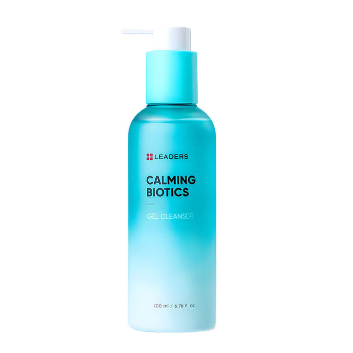 Bottle of Calming Biotics Gel Cleanser | Leaders in a blue gradient container with a white pump dispenser, designed for gentle skincare and soothing cleansing.