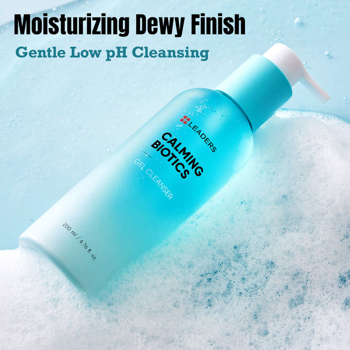 Bottle of Calming Biotics Gel Cleanser | Leaders with pump dispenser on foamy water surface, highlighting moisturizing dewy finish and gentle low pH cleansing for skincare.