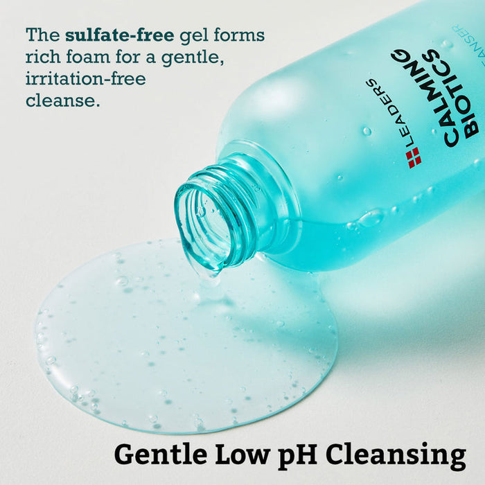 Clear light blue gel pouring from a bottle of Calming Biotics Gel Cleanser | Leaders, highlighting its sulfate-free formula for gentle, irritation-free skincare with low pH cleansing.
