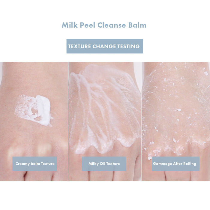 Close-up of three stages of skin texture showing the effects of Calming Clear Milk Peel Cleanse Balm | Leaders, including creamy balm, milky oil, and exfoliating gommage after rolling on the skin.