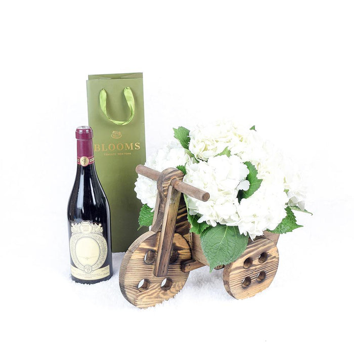 Charming Garden Party Flowers & Wine Gift, New Jersey – gift basket with featuring a timeless bicycle-shaped planter, this set features blooming