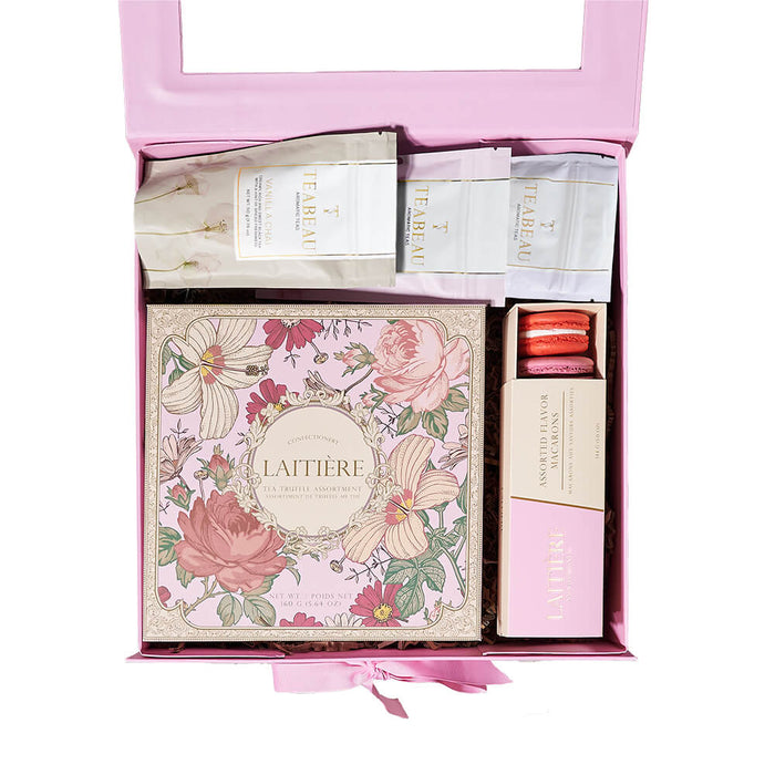 Charming Hinged Gift Box with Assorted Gourmet Teas and Treats – gift basket with laitiere tea truffle assortment, laitiere assorted macarons