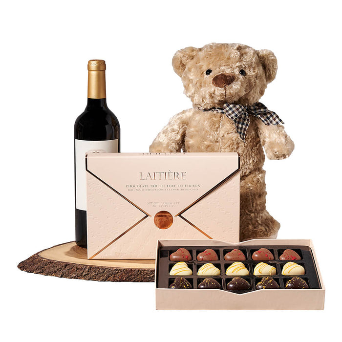 Chocolate Truffles and Wine Gift Set with Teddy Bear and Serving Board – gift basket with bottle of wine, brown teddy bear 10 inches and laitiere