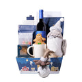 Christmas Wine and Assorted Chocolates Gift Basket – gift basket with bottle of wine, 2 gingerbread man cookies and grey holiday sparrow