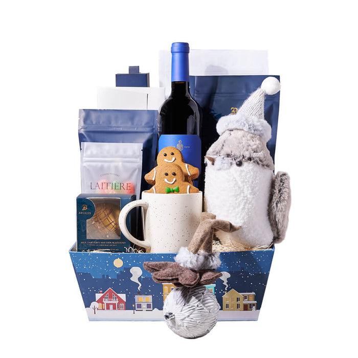 Christmas Wine and Assorted Chocolates Gift Basket – gift basket with bottle of wine, 2 gingerbread man cookies and grey holiday sparrow