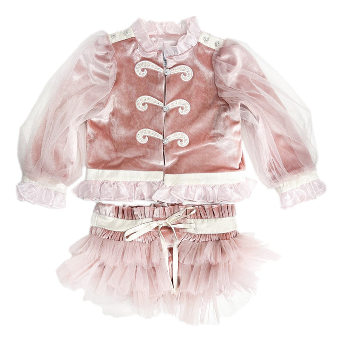 Clara Pink Velour Jacket and Bloomers Set featuring blush velour jacket with sheer tulle sleeves, ivory frog closures, and matching layered tulle bloomers.