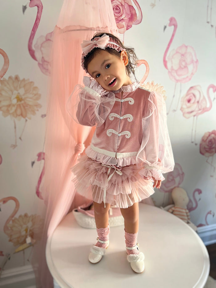 Back view of Clara Pink Velour Jacket and Bloomers Set featuring plush pink velour back panel and full layered tutu-style bloomers.