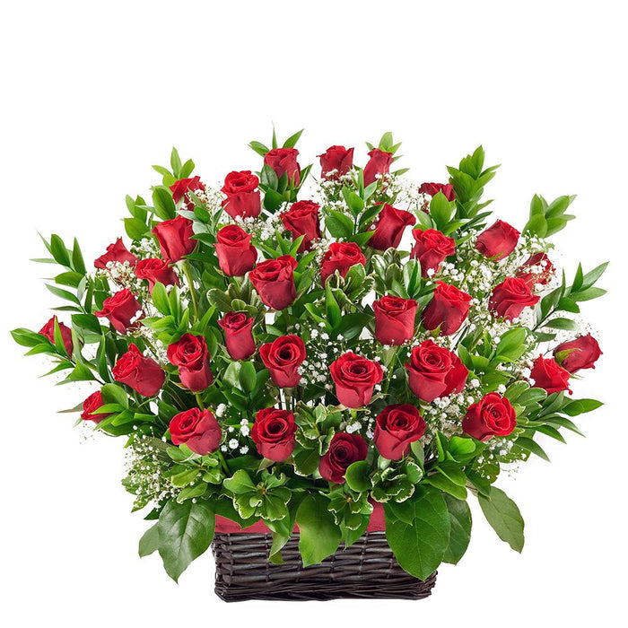 Classic Red Rose and Baby's Breath Floral Arrangement – gift basket with this arrangement includes red roses