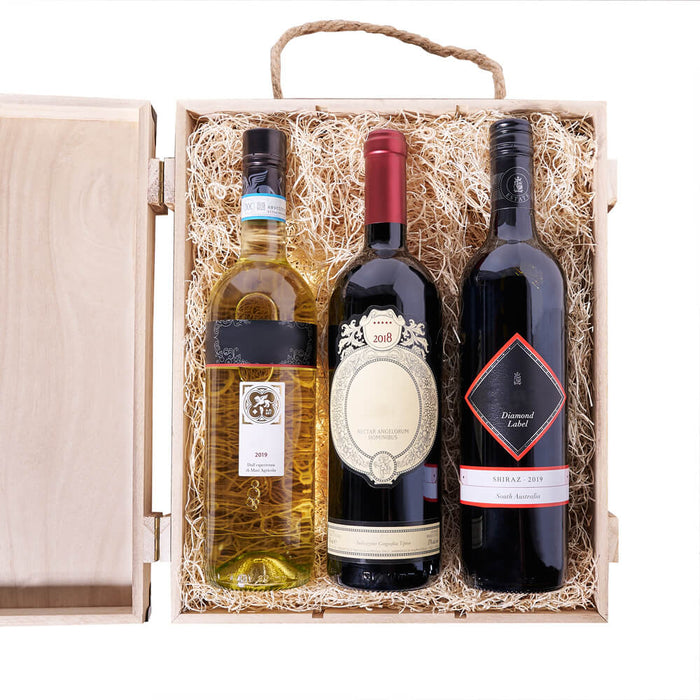 Classic Three-Bottle Wine Gift Basket in Wooden Box – gift basket with three bottles of wine and trio wine box w/burned finish