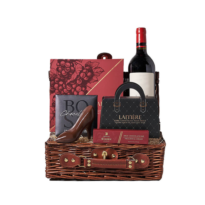 Classic Wine and Assorted Chocolate Gift Basket in Wicker Picnic Basket – gift basket with bottle of wine, laitiere wine pairing truffle assortment