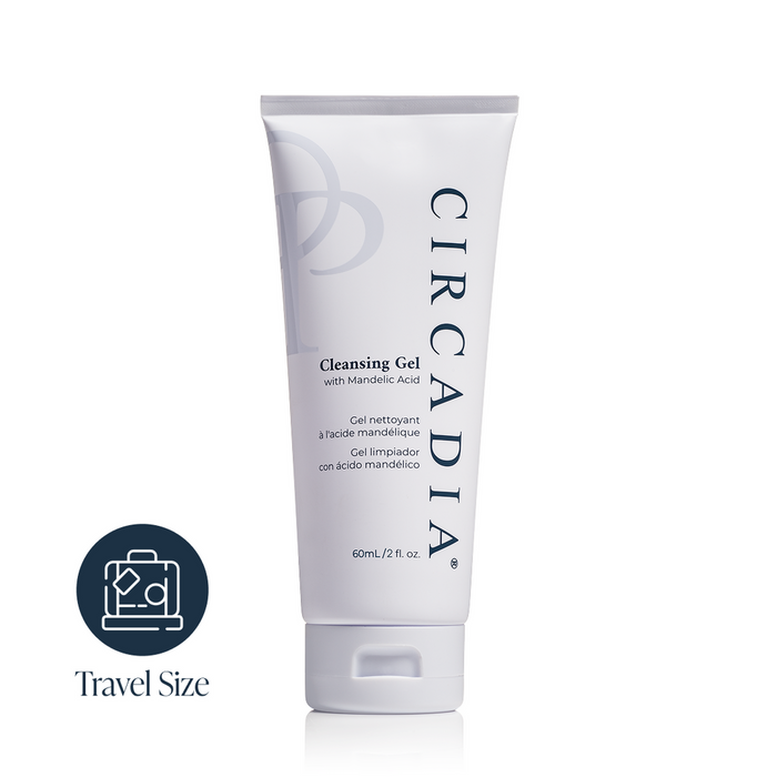 Tube of Cleansing Gel with Mandelic Acid | Circadia in travel size packaging, designed for skincare and convenient use on the go.