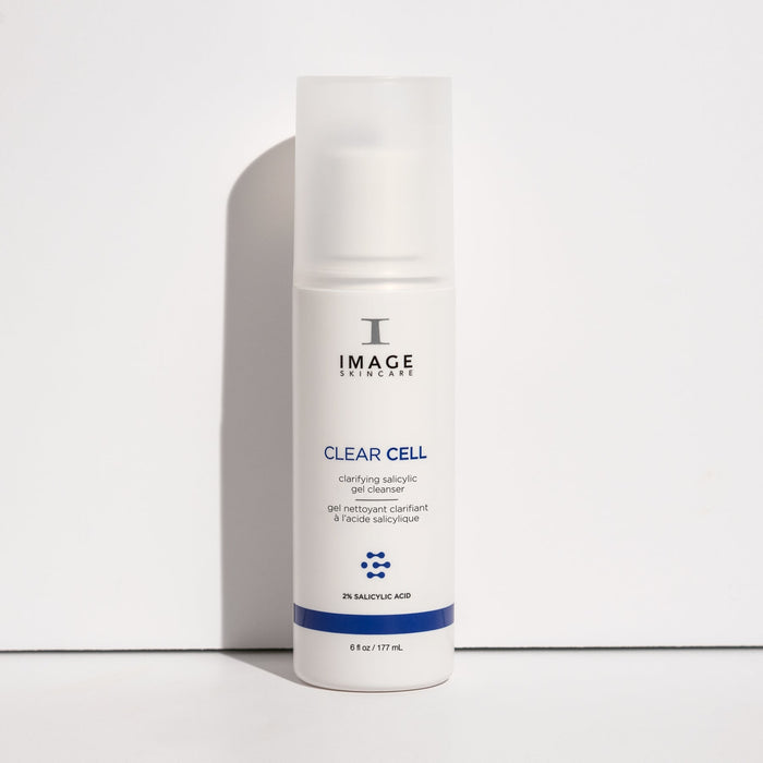 Bottle of CLEAR CELL salicylic gel cleanser | IMAGE Skincare against a white background, highlighting a clear gel formula with salicylic acid for skincare and body care routines.