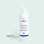 CLEAR CELL salicylic gel cleanser | IMAGE Skincare bottle with foamy gel on a light background, emphasizing skincare and cleansing benefits.