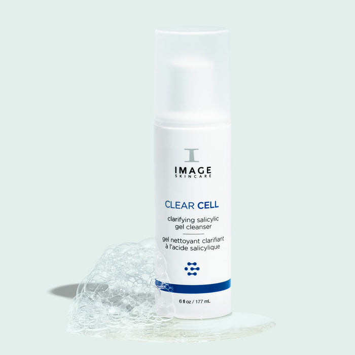 CLEAR CELL salicylic gel cleanser | IMAGE Skincare bottle with foamy gel on a light background, emphasizing skincare and cleansing benefits.