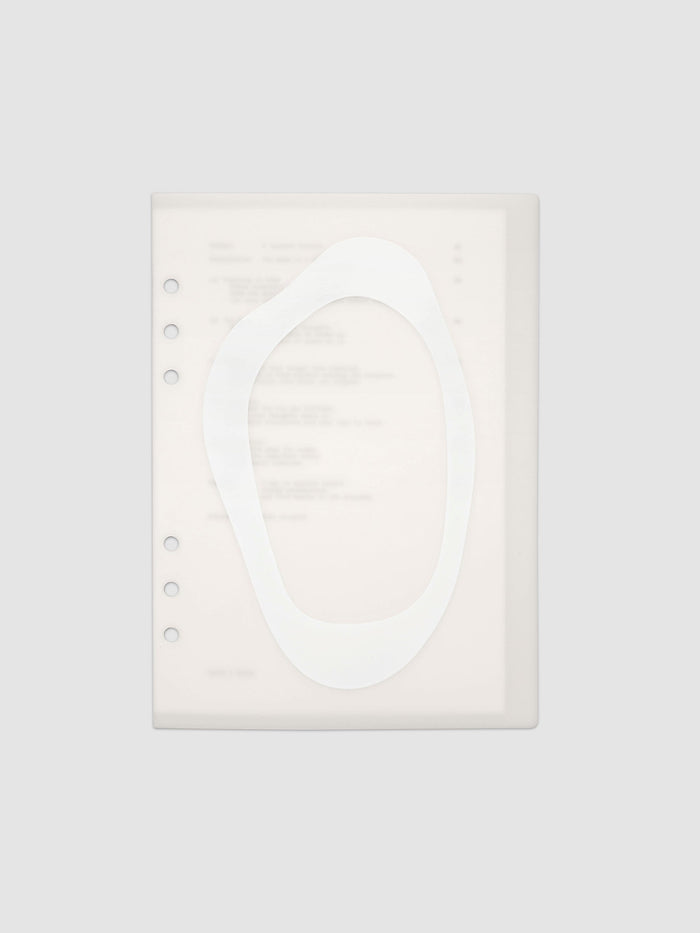 Continuation Planner Cover + Dashboard Set in A5 6-Ring Punch. Milky white frosted plastic cover with a spot gloss organic shape over a black-printed paper dashboard. Image 1 of 5.