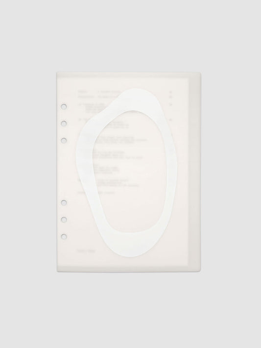 Continuation Planner Cover + Dashboard Set in A5 6-Ring Punch. Milky white frosted plastic cover with a spot gloss organic shape over a black-printed paper dashboard. Image 1 of 5.