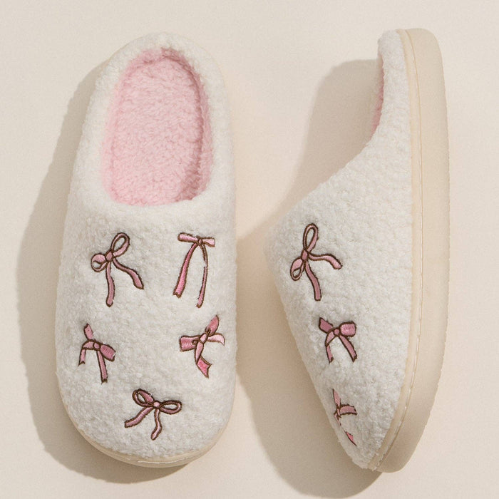 Cozy Bow Embroidered Plush Slippers