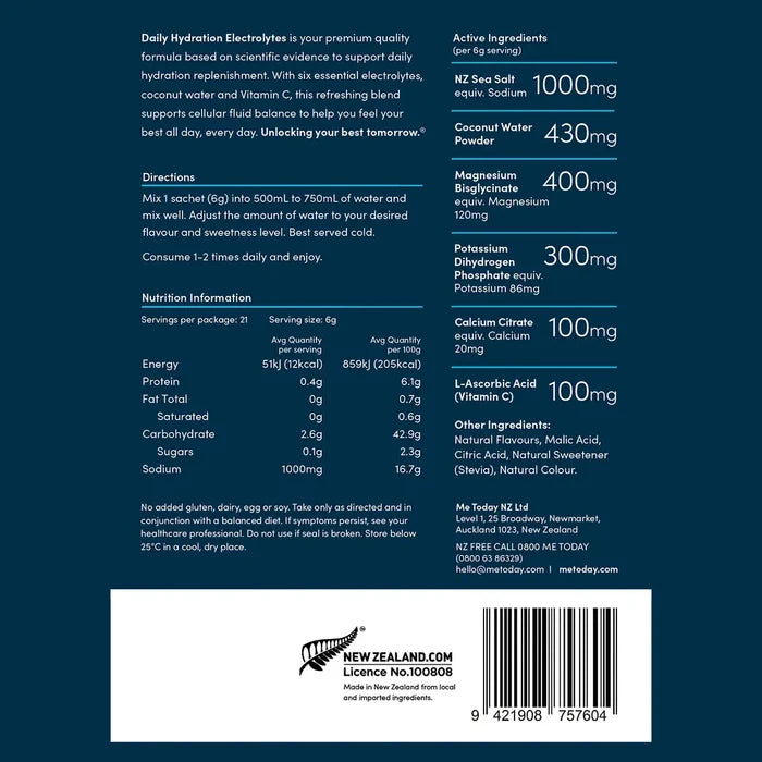 Back of Daily Hydration Electrolytes package showing nutritional information, directions & ingredients.