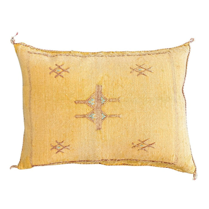 Artisanal Handmade Moroccan embroidered cactus silk sabra lumbar pillow yellow handwoven