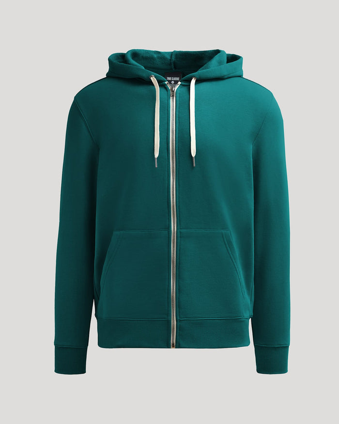 Deep Emerald Fleece French Terry Zip Hoodie with drawstring hood and kangaroo pocket.