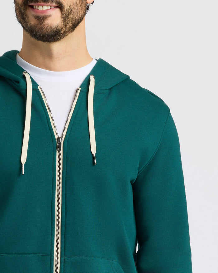 Man smiling in Deep Emerald Full Zip Fleece Hoodie.