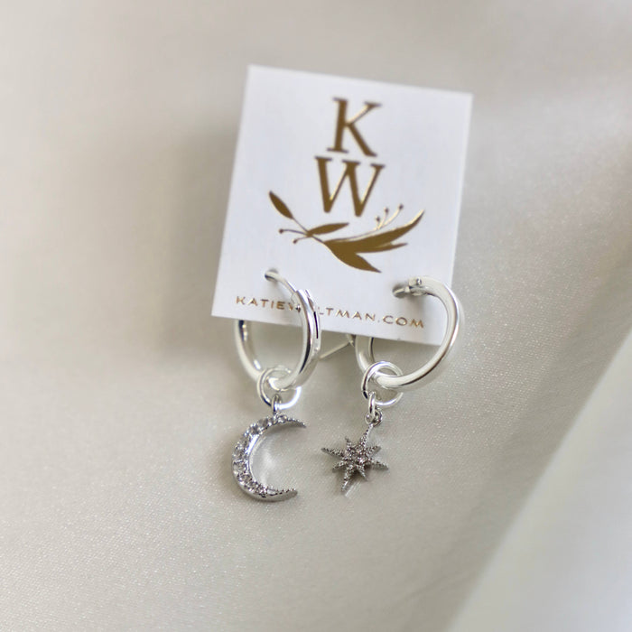 E1246S Silver Earrings-CELESTIAL STAR AND MOON HOOPS